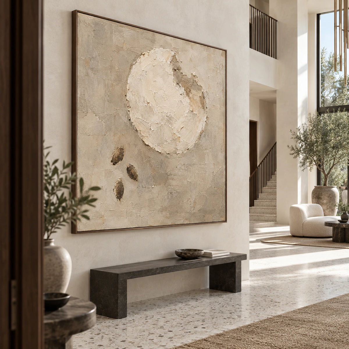 Lunar-Relief installed at gallery scale in a bright architectural foyer.