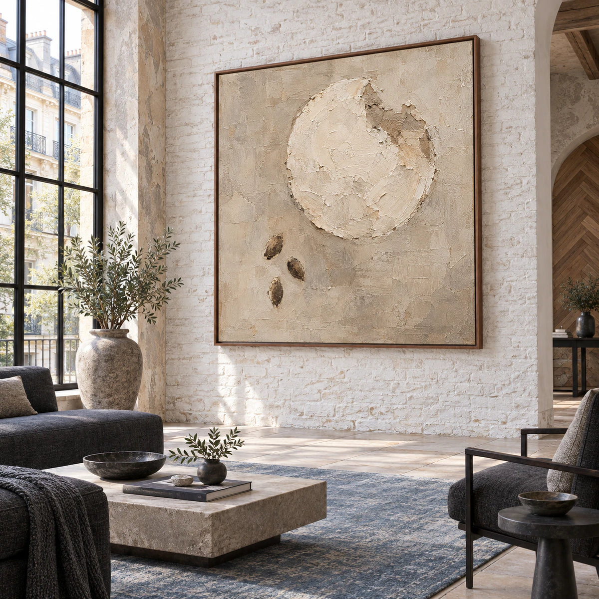 Lunar-Relief featured at large scale in an expansive loft hospitality interior.