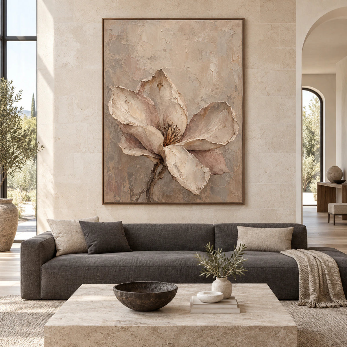 Magnolia-Relief displayed at large scale in a bright, spacious architectural living room.