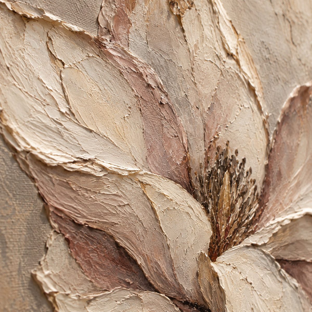 Magnolia-Relief oil painting brushwork and impasto detail photographed from an oblique side angle