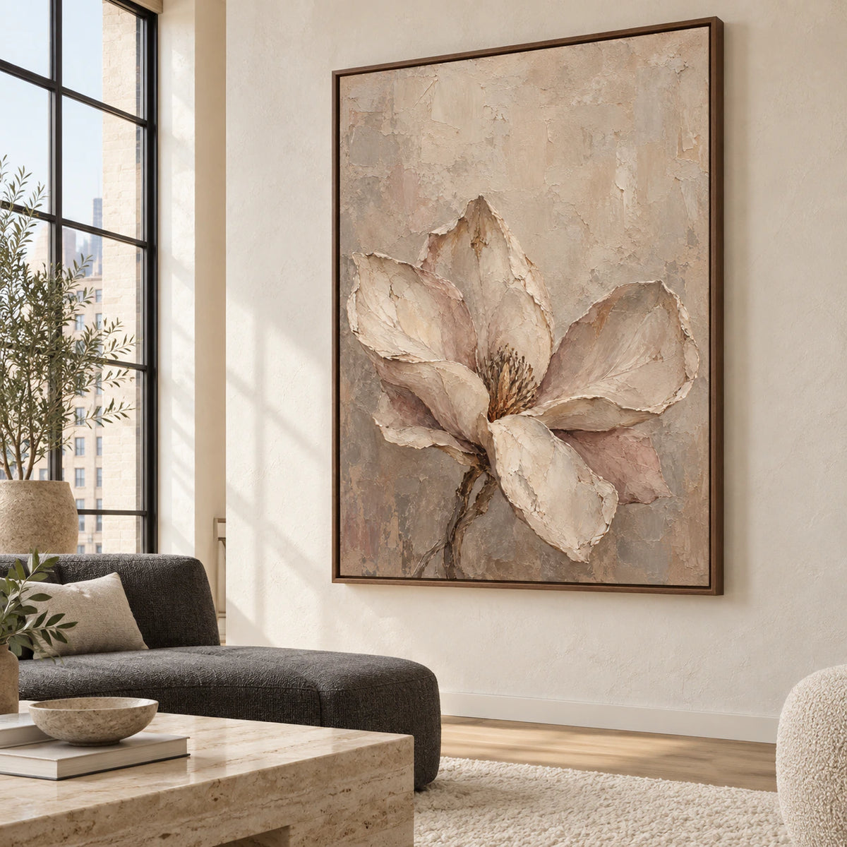 Magnolia-Relief as the focal point above a restrained sofa in a bright living room.