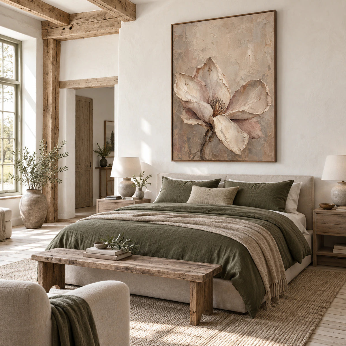 Magnolia-Relief bringing tactile softness to a quiet, naturally lit bedroom.