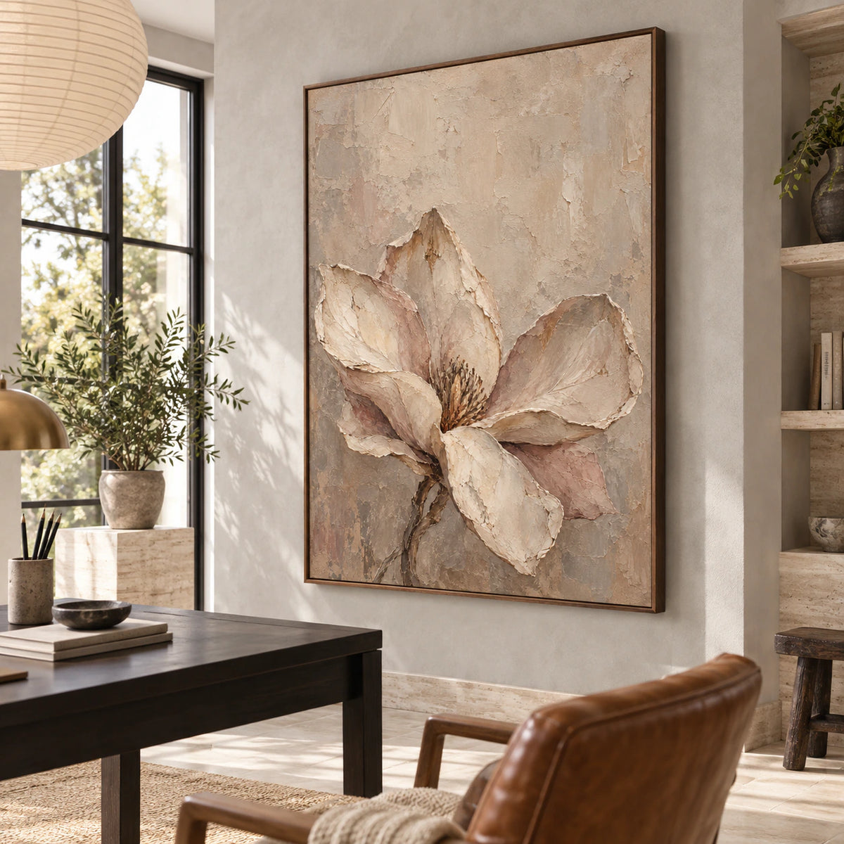Magnolia-Relief featured at large scale in an airy home office reading space.