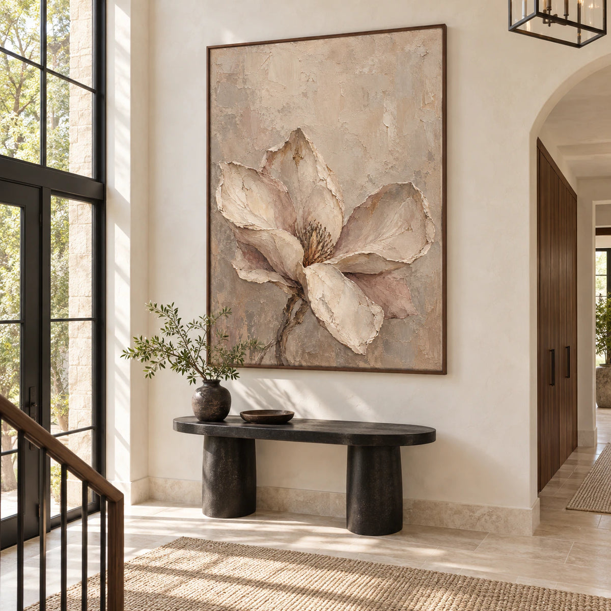 Magnolia-Relief installed as a gallery-scale focal point in an open foyer.