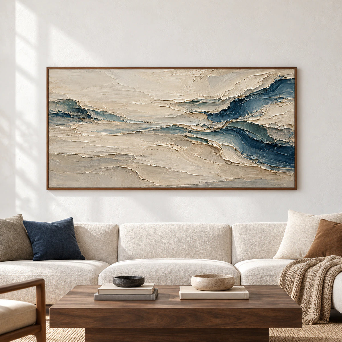 Marine-Fold large abstract painting displayed prominently on a broad wall in a spacious architectural room.