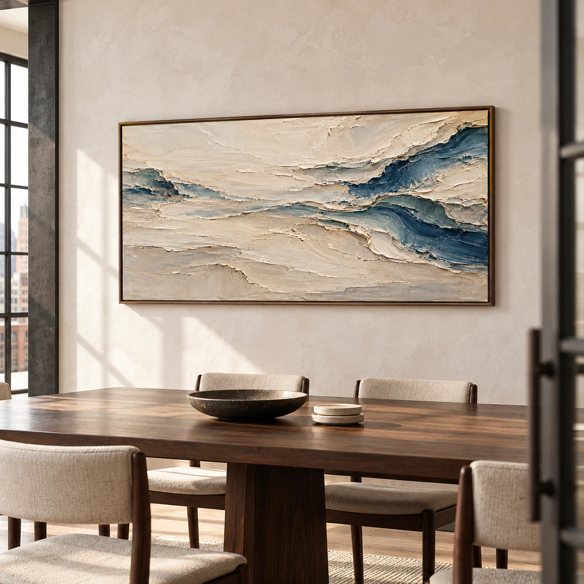 Marine-Fold centered above a simple dining table in a refined, sunlit dining room.