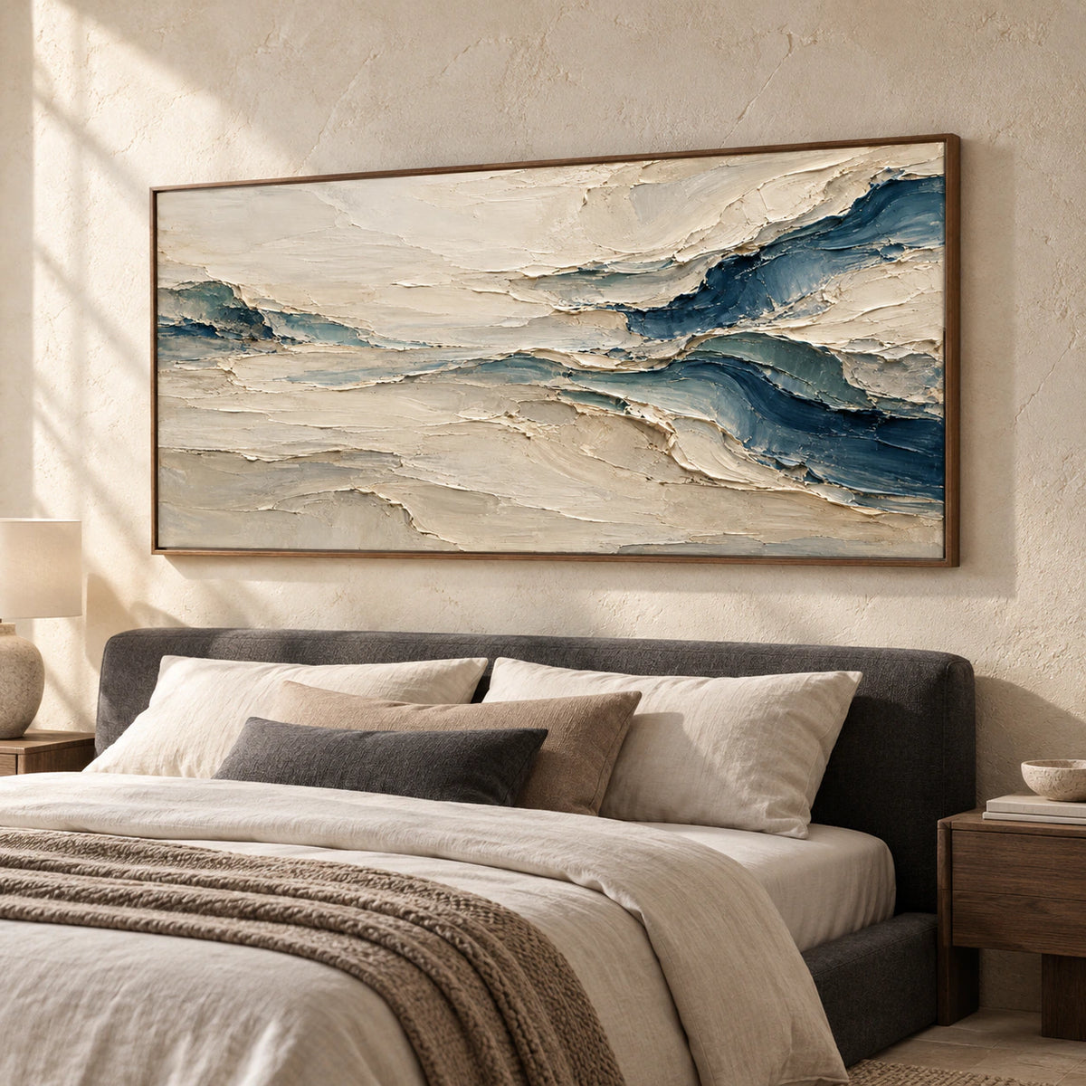 Marine-Fold above a low bed in a quiet bedroom with soft daylight and restrained neutral furnishings.
