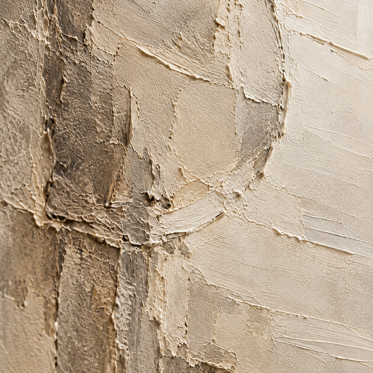 Oblique close-up of the Marl-Aperture oil painting, with grazing light revealing raised paint, rough edges and ivory-to-taupe transitions.