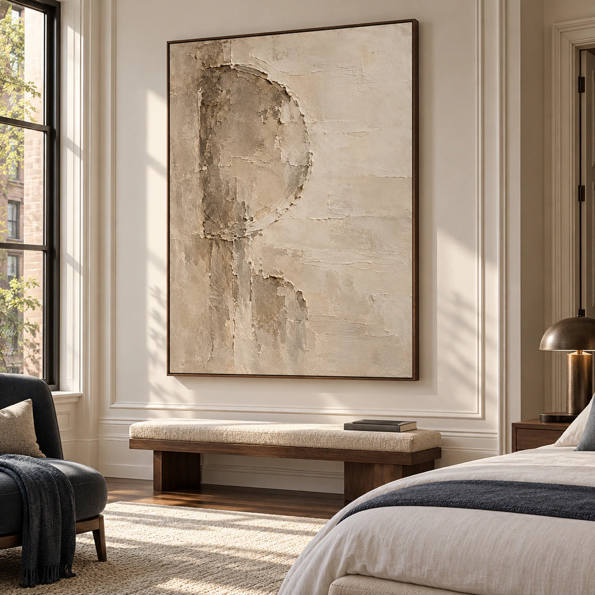 Marl-Aperture painting above an upholstered bench beside a low bed with white bedding, viewed from a slightly elevated left angle in a bright bedroom.