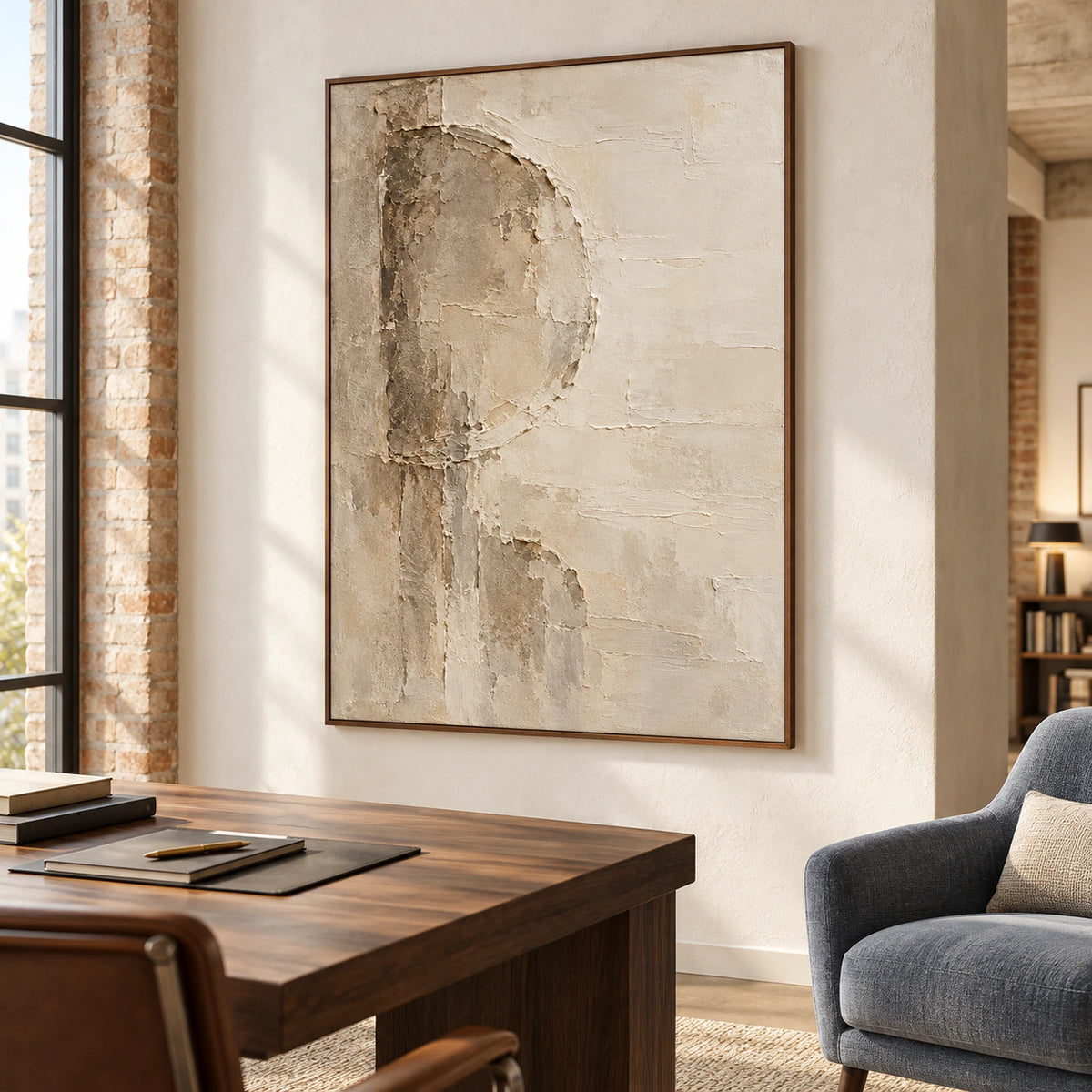 Large Marl-Aperture painting in an airy home office with a dark wood desk and blue-gray reading chair, viewed from a low right-oblique angle.