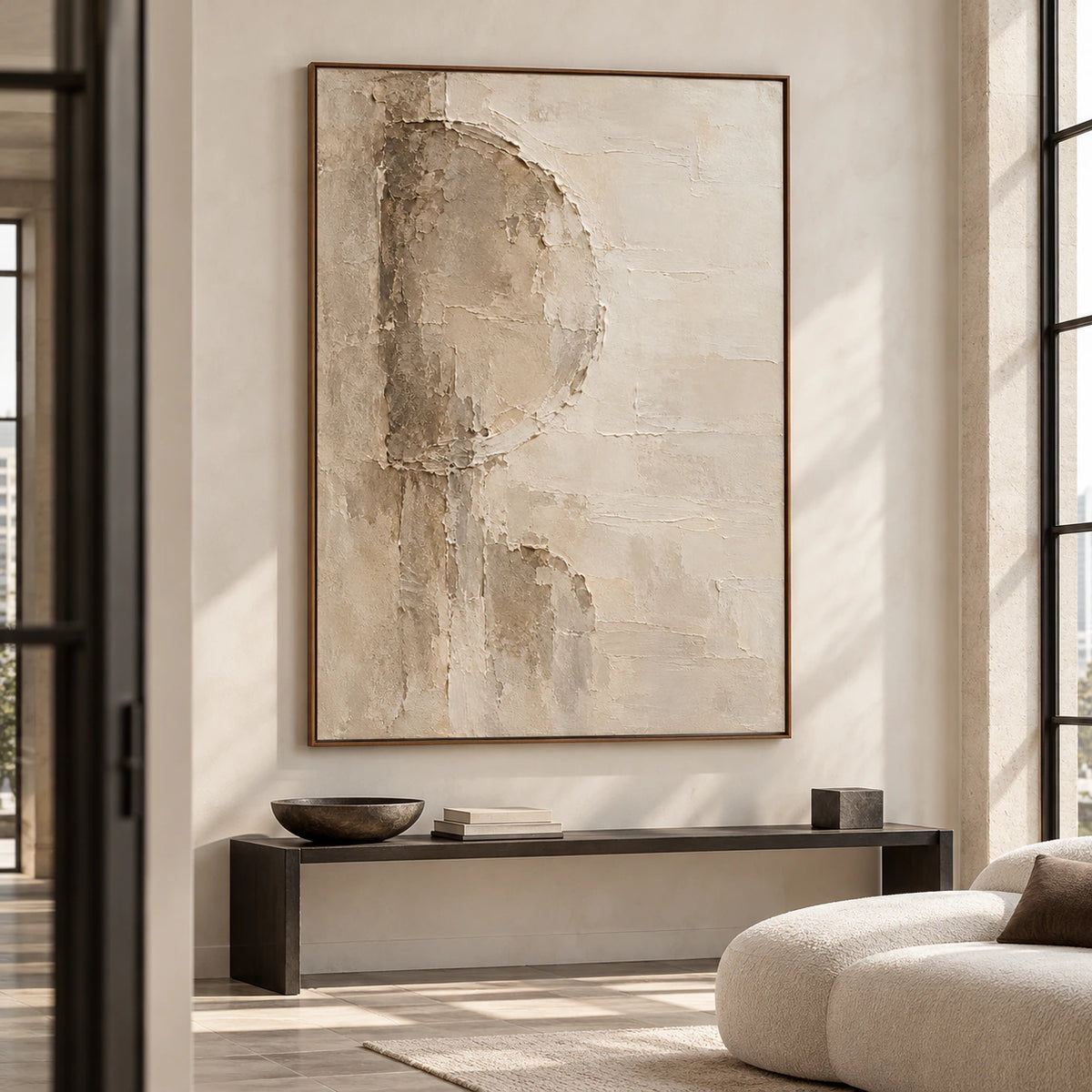 Large Marl-Aperture painting on a high pale wall in a bright foyer with a stone floor and slim dark console, viewed from the left at a distance.