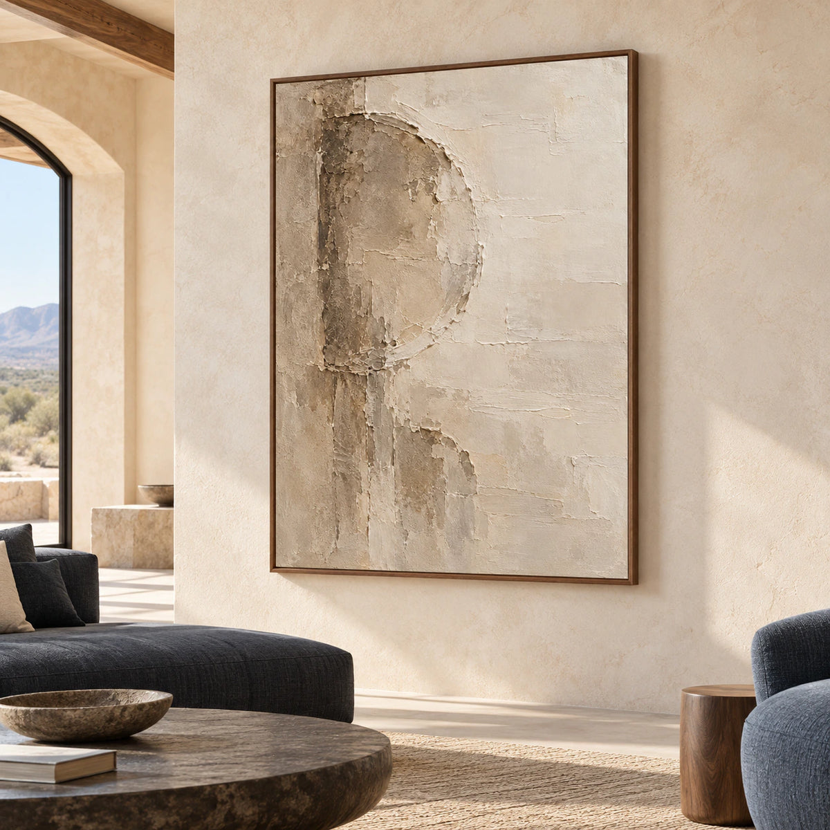 Marl-Aperture painting in an expansive, daylit loft-style hospitality interior with black, blue-gray and natural wood furnishings, viewed from the right across the room.