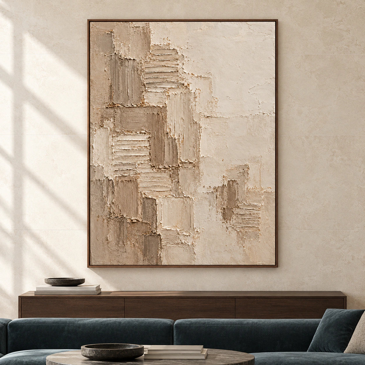 Large vertical textured abstract painting displayed straight-on in a spacious, light-filled room.