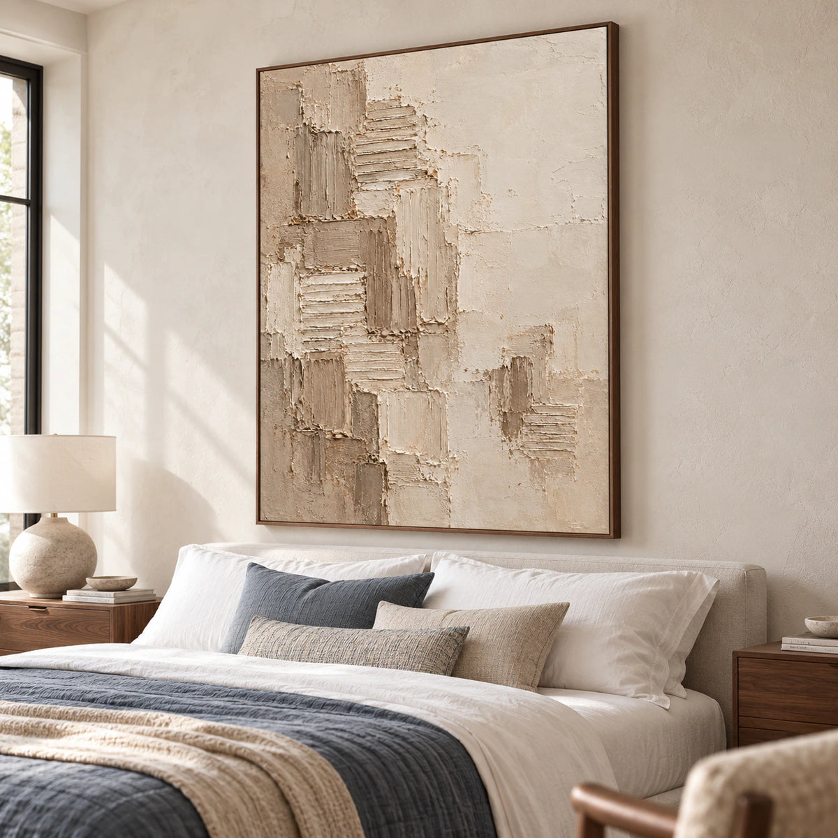 Large abstract painting above a simple bed in a quiet, sunlit bedroom.