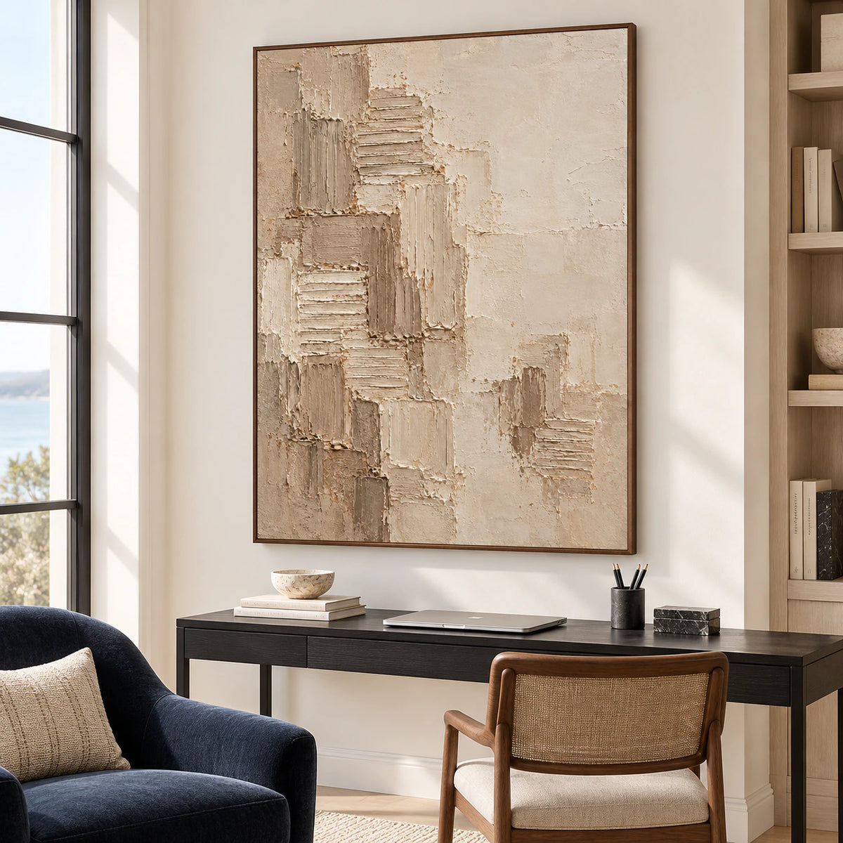 Vertical textured artwork in an airy home office beside a streamlined desk and reading chair.
