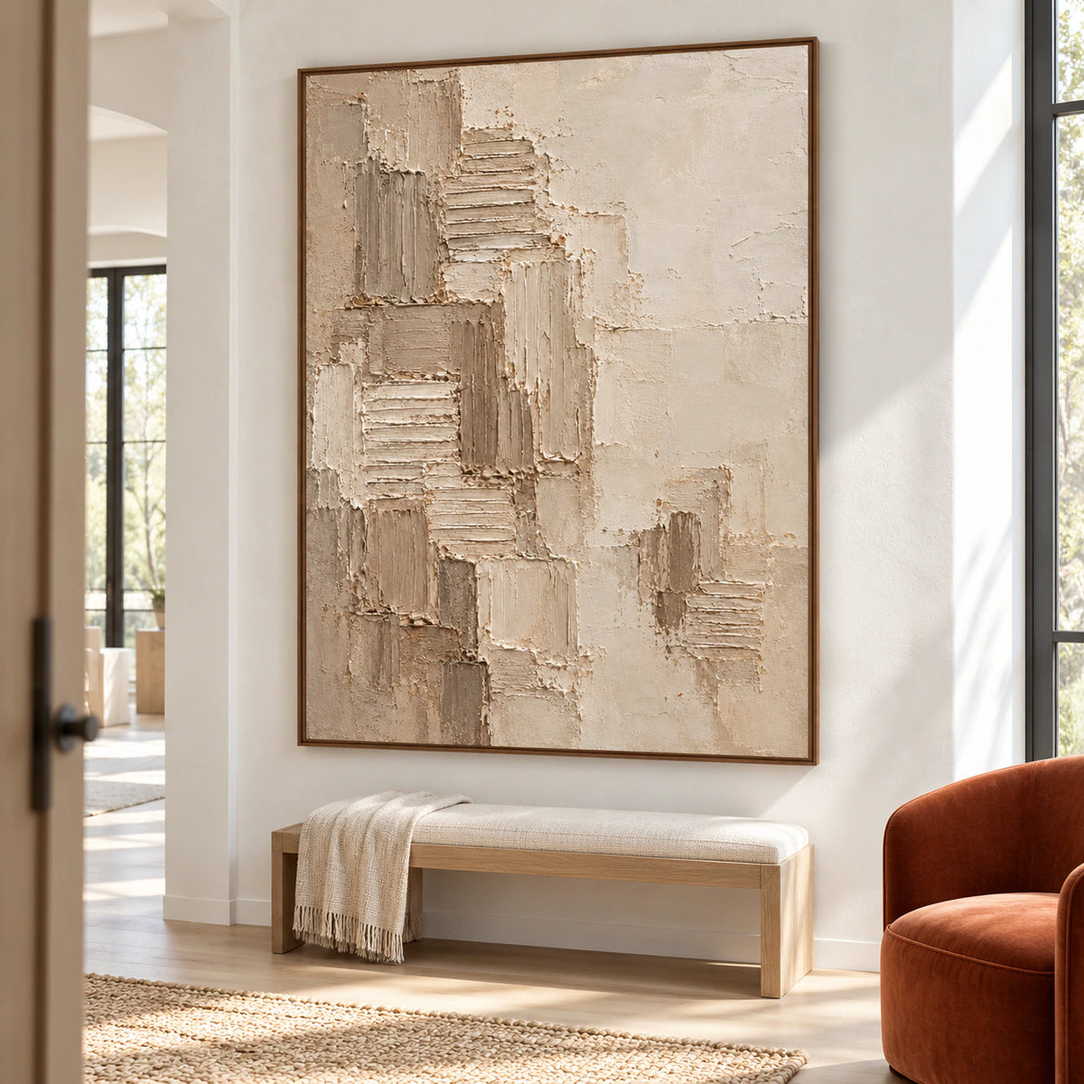 Large painting commanding the wall of a bright gallery-scale foyer.