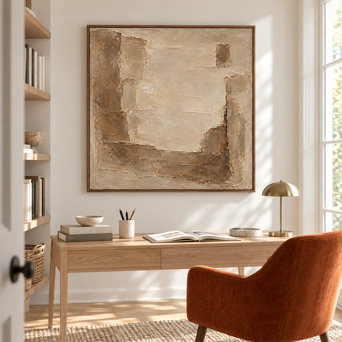 Square abstract painting anchoring an airy home office with a simple desk and open shelving.