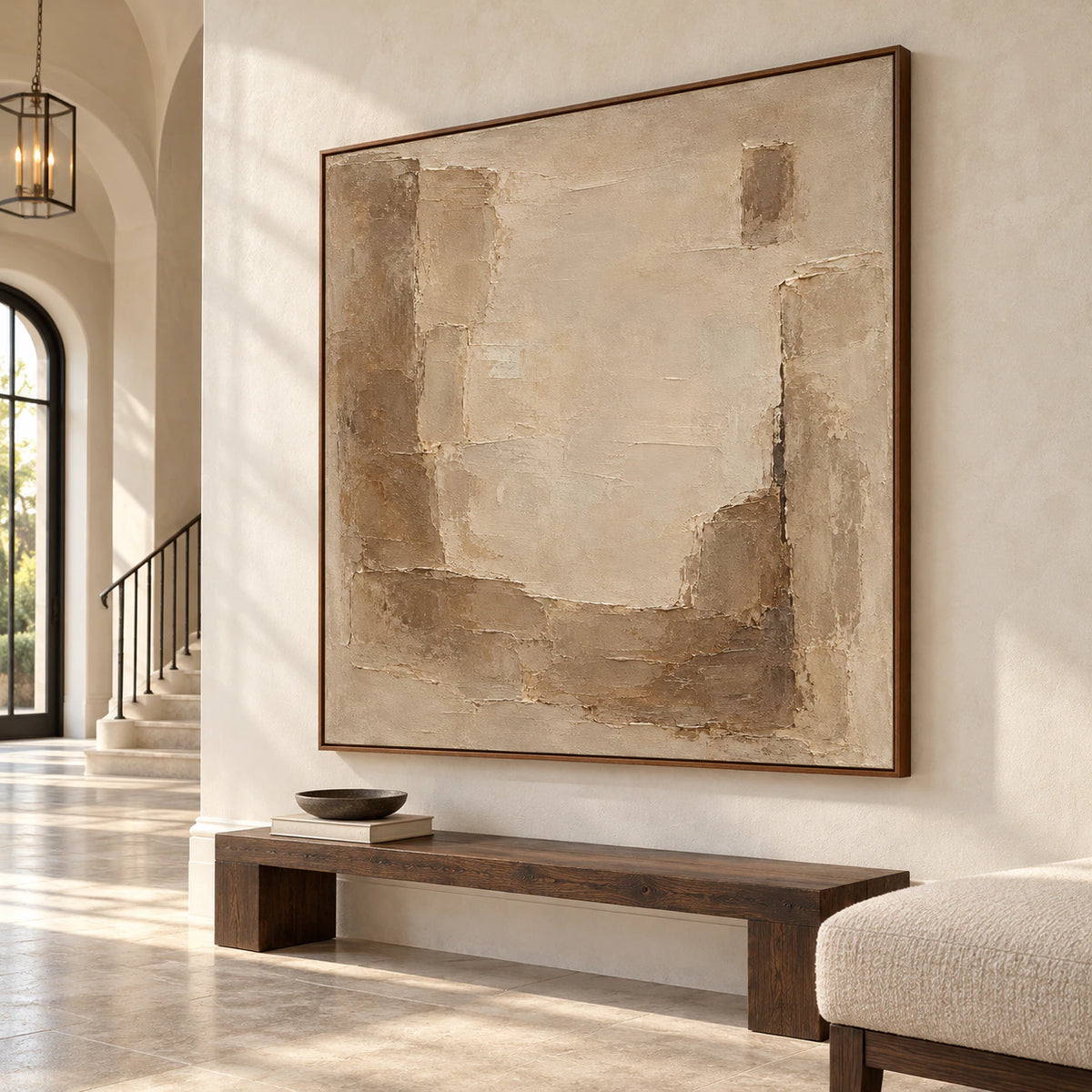 Large square abstract painting presented at scale in a bright gallery-like foyer.