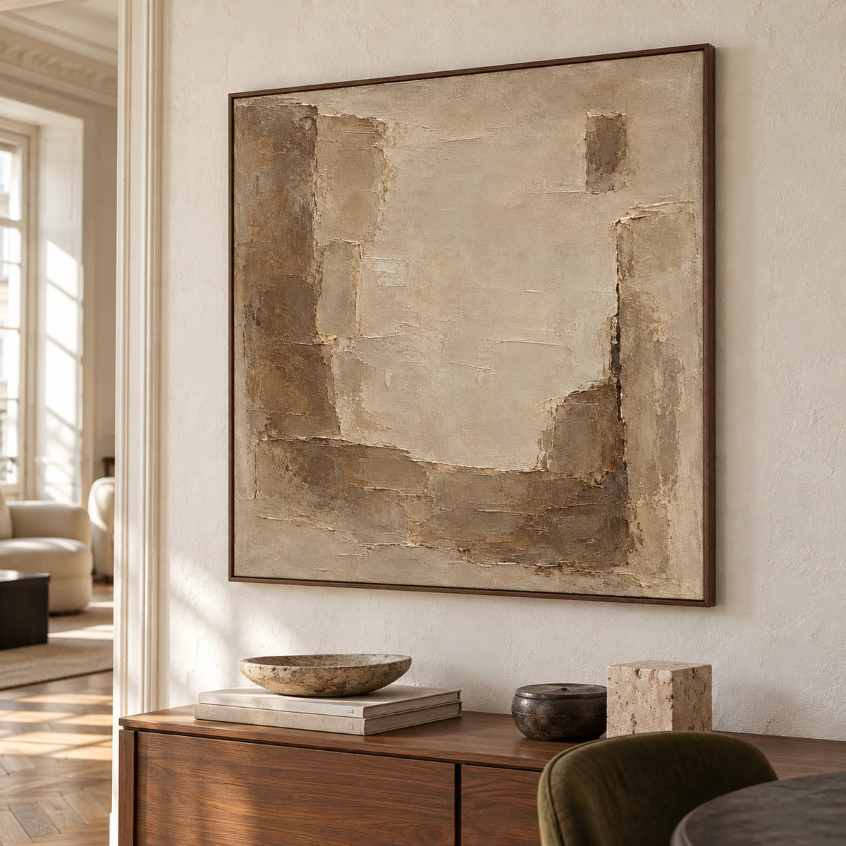 Square abstract painting commanding a spacious loft or hospitality interior with architectural daylight.