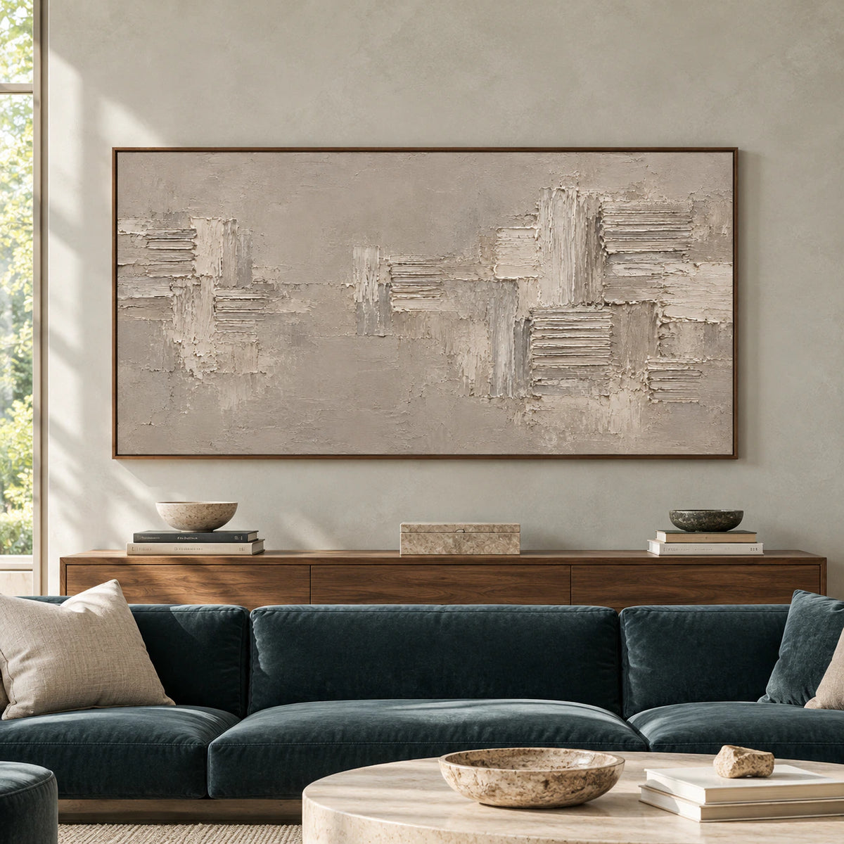 Large taupe and ivory textured abstract painting displayed straight-on in a spacious architectural living room.