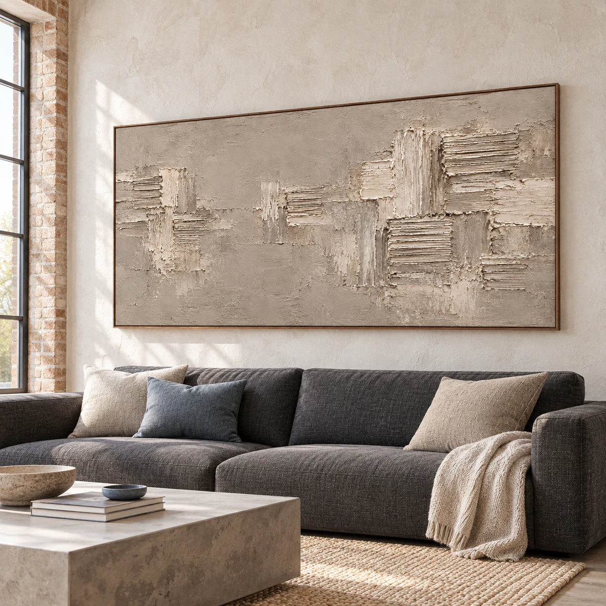 Large taupe and ivory textured abstract painting above a restrained sofa in a bright living room.
