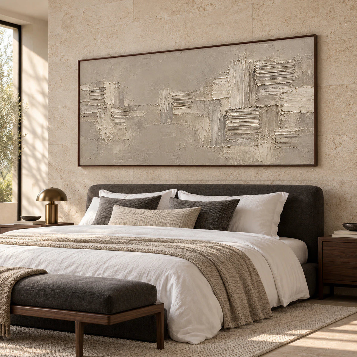 Taupe and ivory abstract painting above a low bed in a quiet, naturally lit bedroom.