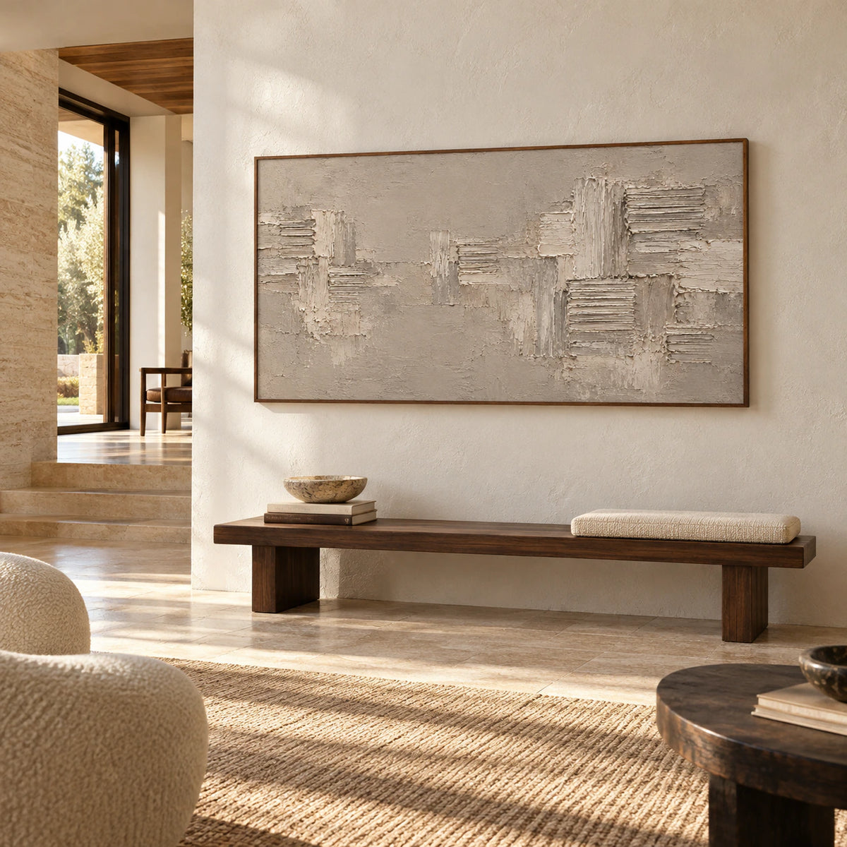 Wide taupe and ivory abstract painting displayed at gallery scale in a bright, open foyer.