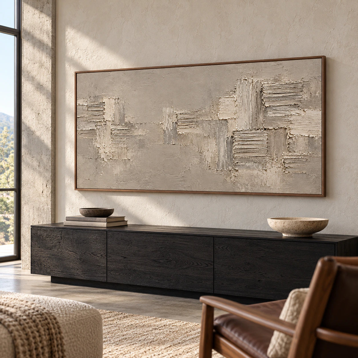 Large textured abstract painting commanding a spacious hospitality loft interior.