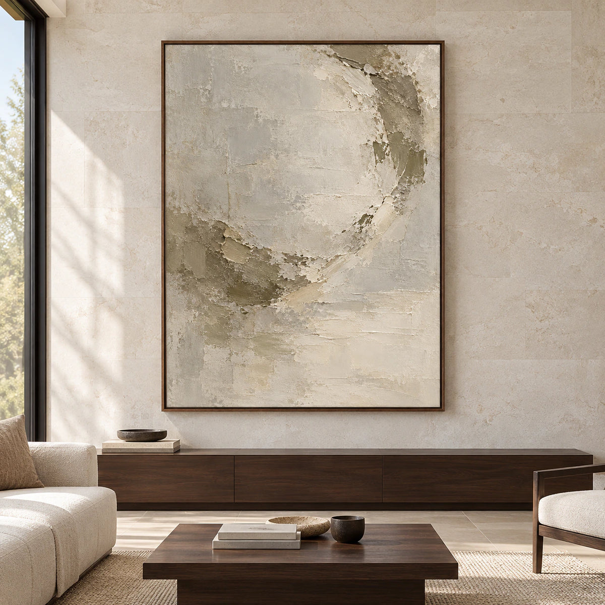 Large vertical Marl Halo abstract wall art displayed straight on in a spacious, daylight-filled room.