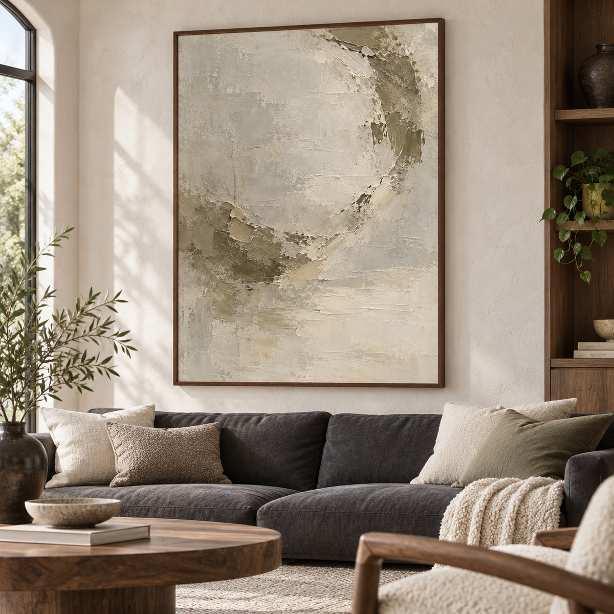 Marl Halo displayed above a low charcoal sofa in a bright living room with pale walls and clear daylight.