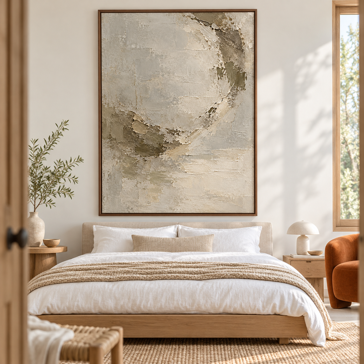 Marl Halo displayed over a simple bed in a quiet bedroom with soft daylight and restrained furnishings.