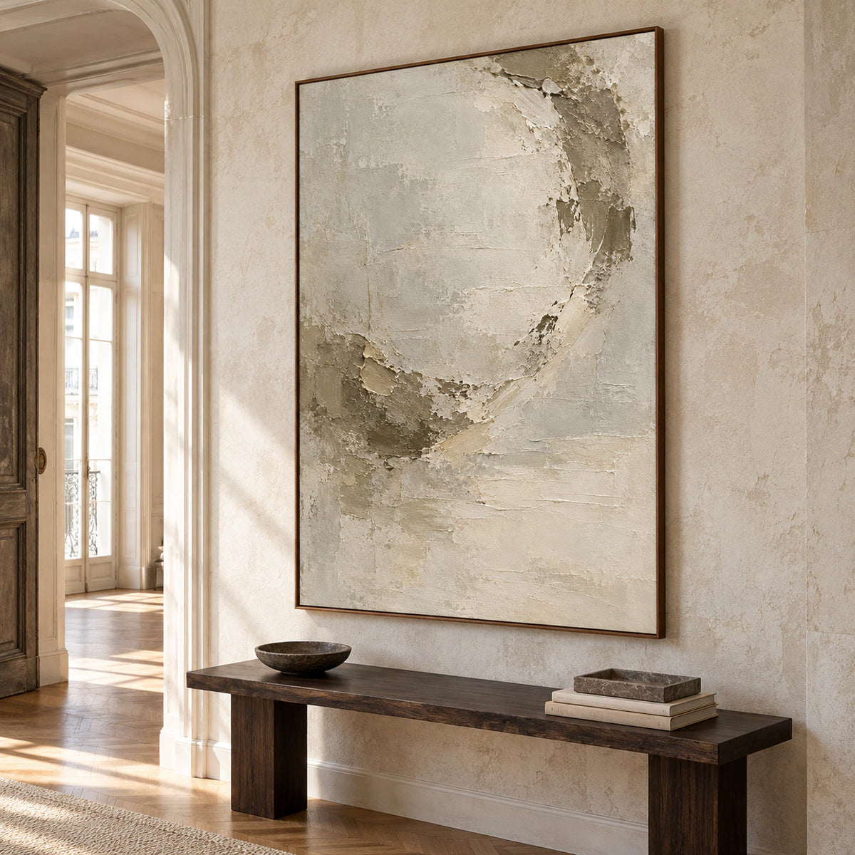 Large Marl Halo artwork displayed in a gallery-scale foyer with a tall stone wall and natural daylight.