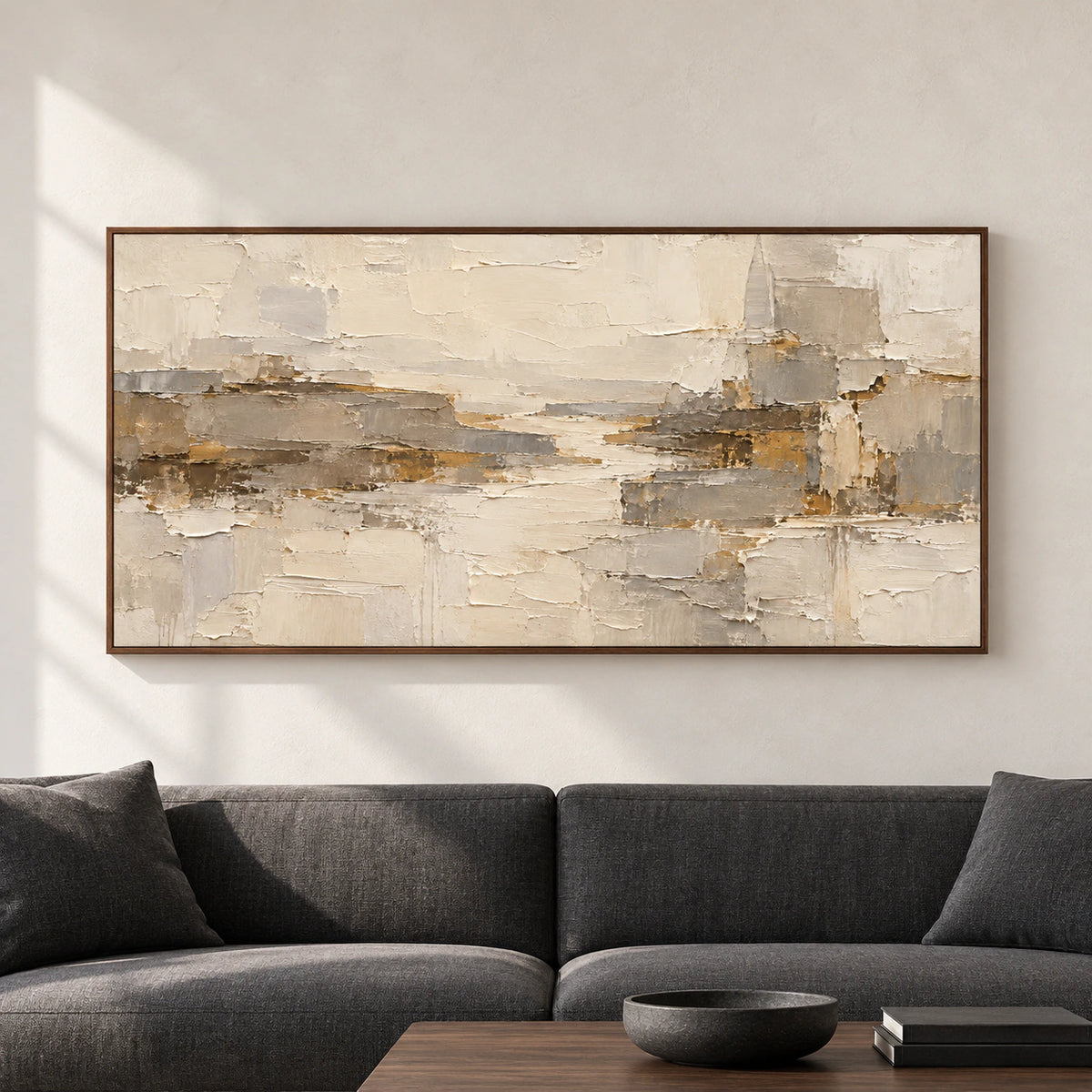 Large horizontal Marl-Ledger abstract wall art displayed straight-on in a spacious, light-filled architectural living room.