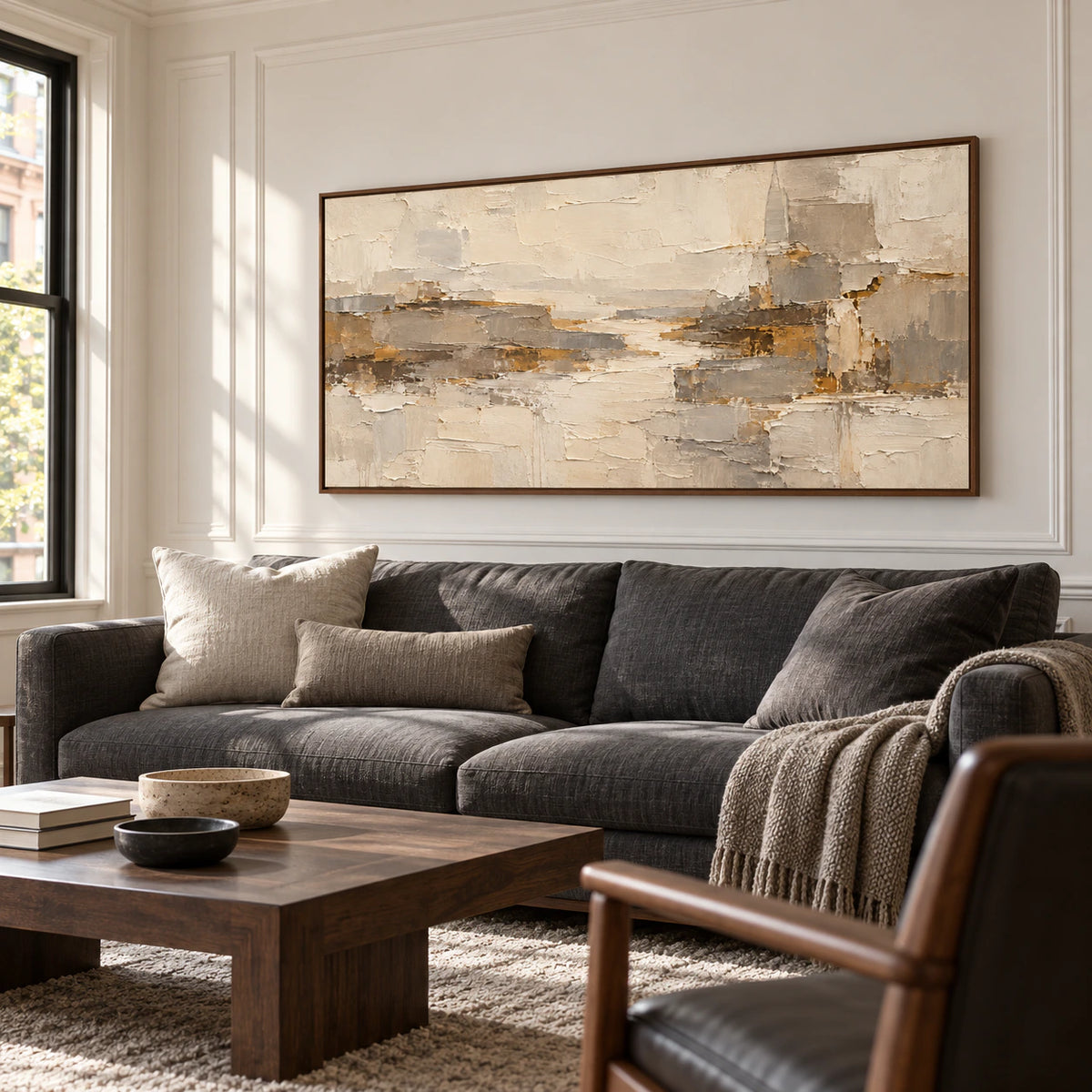 Marl-Ledger hangs above a charcoal linen sofa in a bright, open living room with pale walls and natural daylight.
