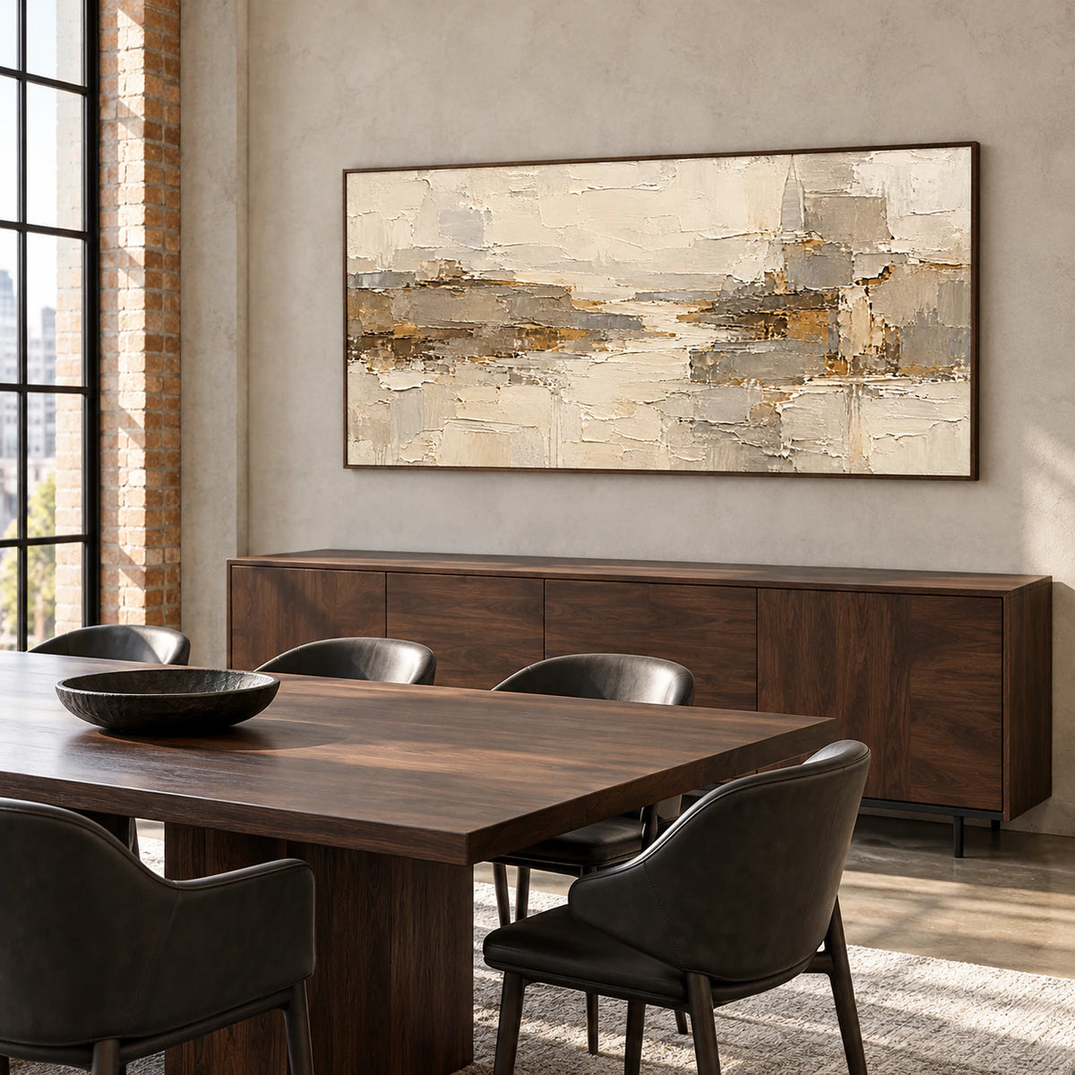 Marl-Ledger anchors a refined dining room above a dark wood sideboard, with restrained furnishings and soft daylight.