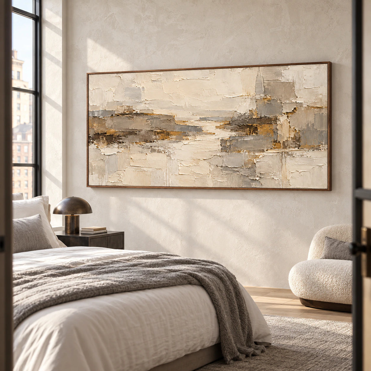 Marl-Ledger brings tactile contrast to a quiet bedroom with a crisp white bed, muted gray bedding and morning light.