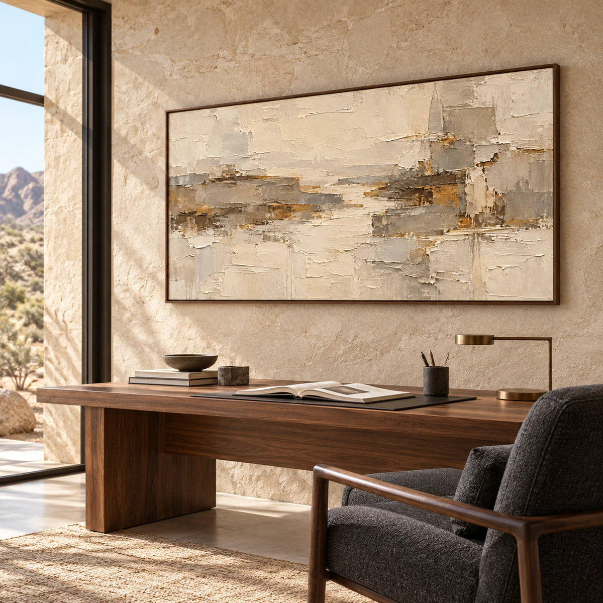 Marl-Ledger is the focal point in an airy home office with a simple walnut desk, pale walls and bright natural light.