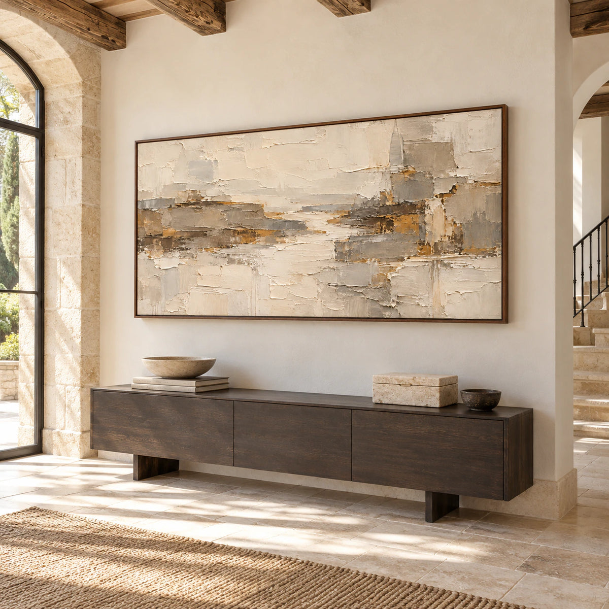 Marl-Ledger makes a large-scale statement in a gallery-like foyer with a tall ceiling, stone floor and open daylight.
