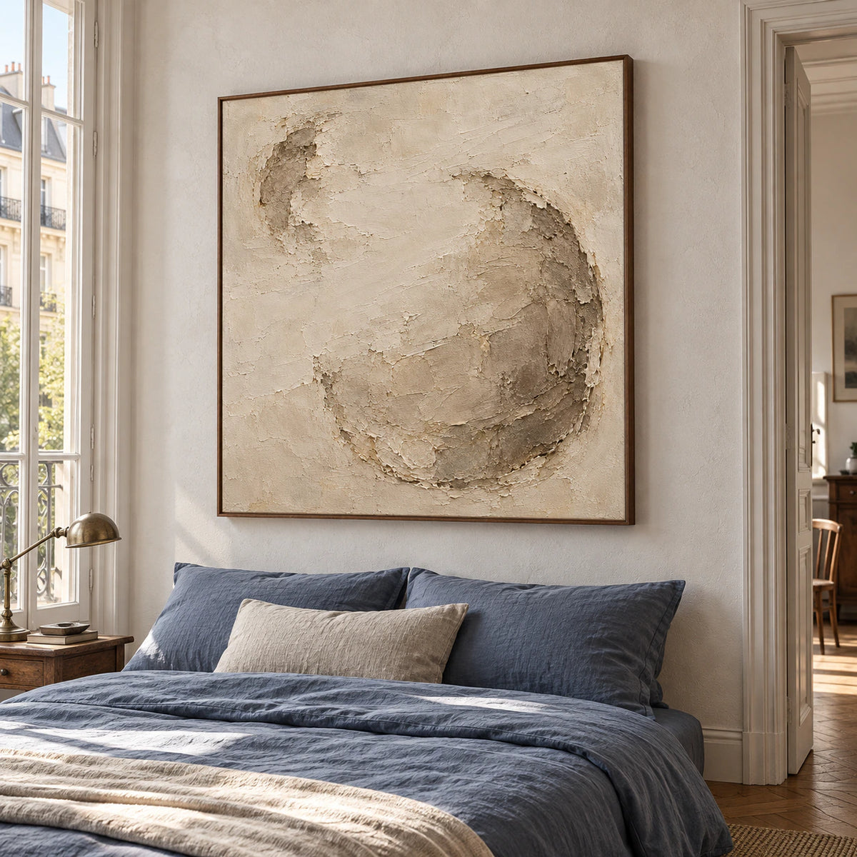 Square warm neutral abstract artwork above a low bed in a quiet, daylight-filled bedroom.