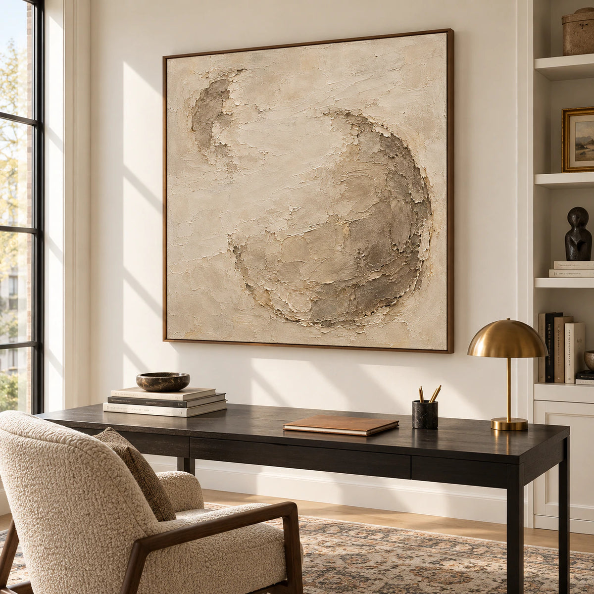 Square ivory and taupe artwork above a restrained desk in an airy home office with natural light.
