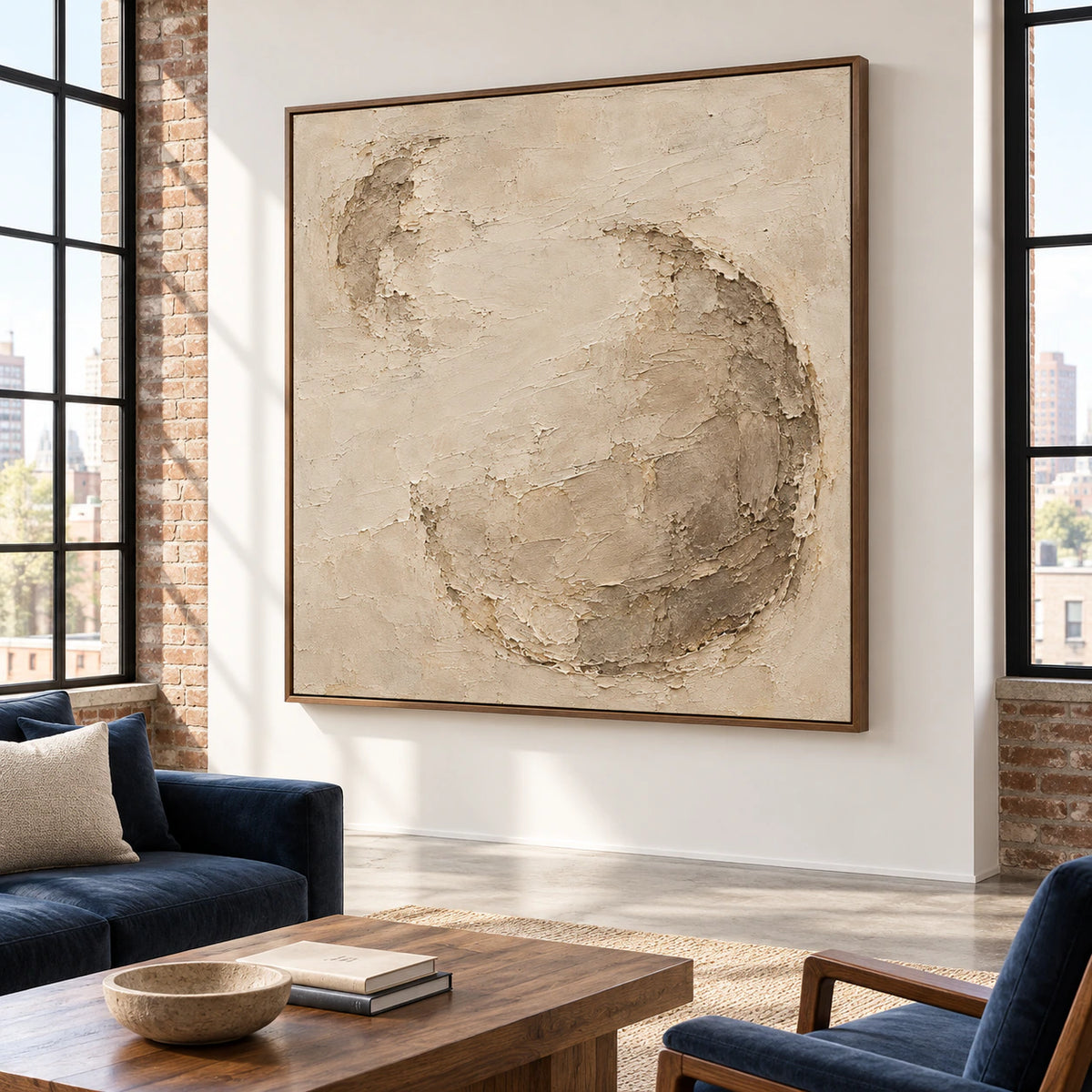 Square ivory and taupe abstract relief displayed prominently in an expansive loft interior with tall windows and restrained furnishings.