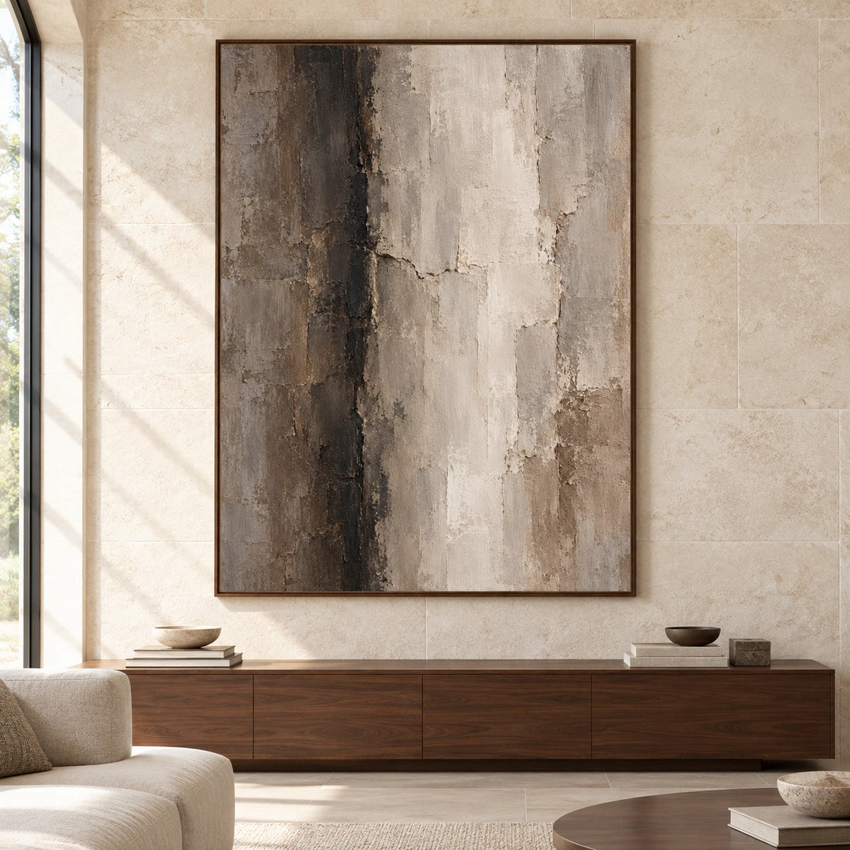 Large vertical abstract artwork displayed at scale in a spacious, sunlit room, viewed straight on.