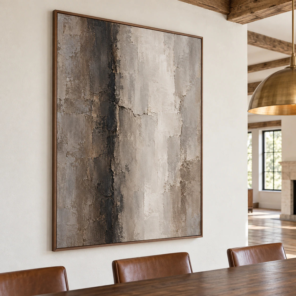 Large vertical abstract artwork anchoring a refined dining room with a dark wood table, sculptural chairs and clear daylight.