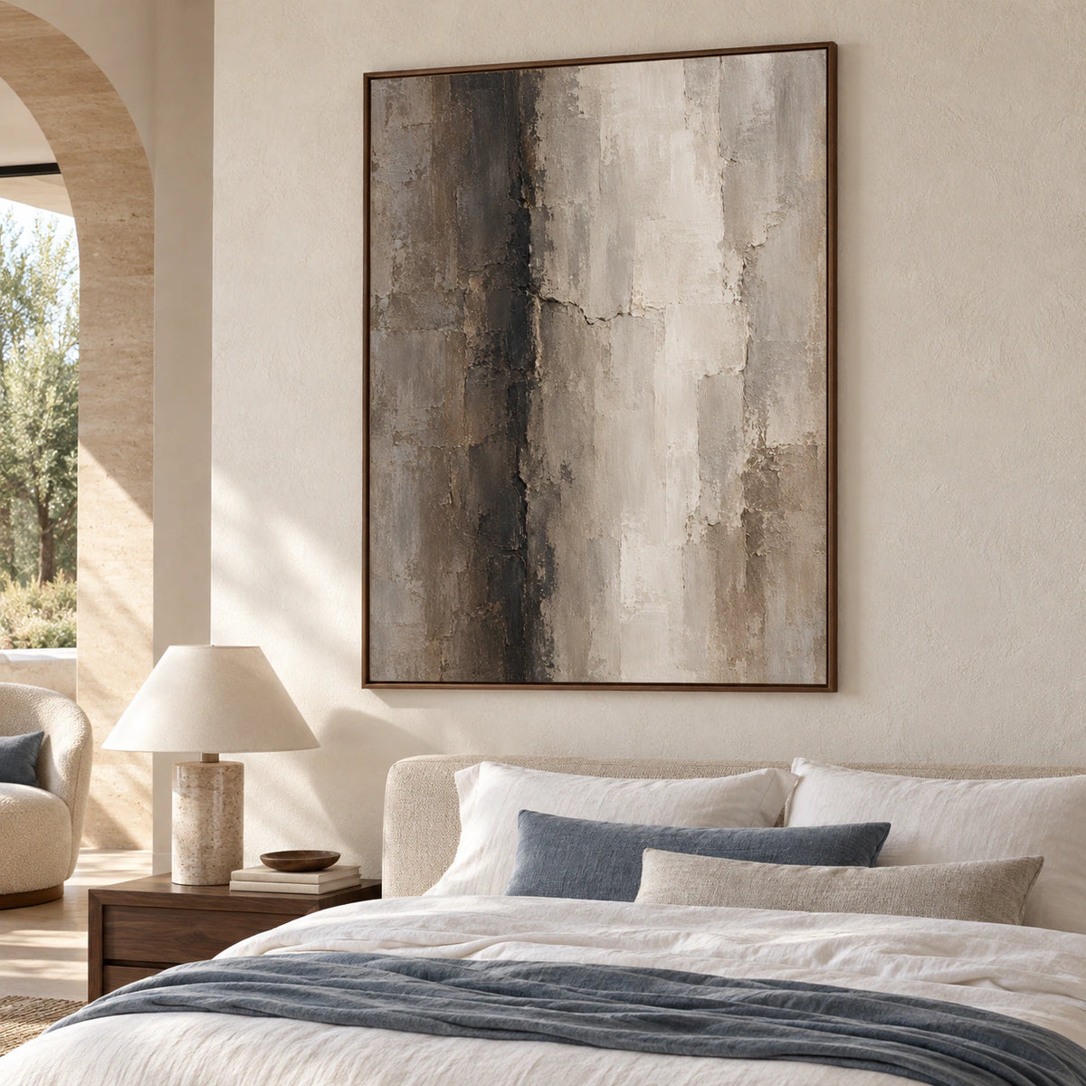 Large vertical abstract artwork above a simple bed in a quiet, bright bedroom with restrained neutral furnishings.