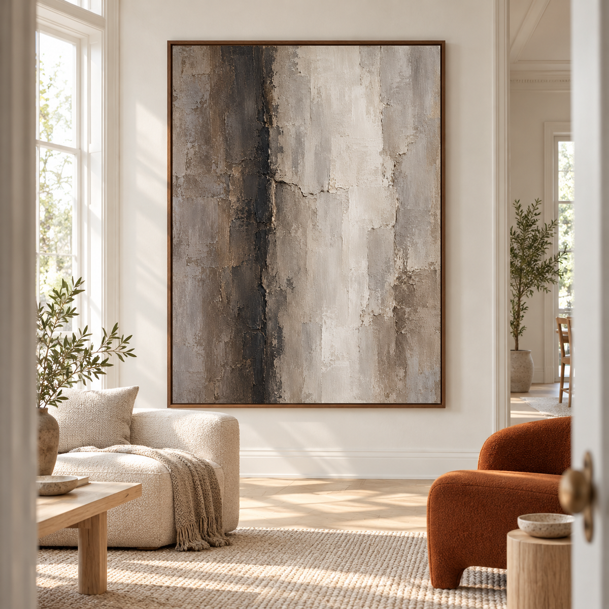 Large vertical abstract artwork at an expansive scale in a bright loft interior with tall windows and restrained furnishings.