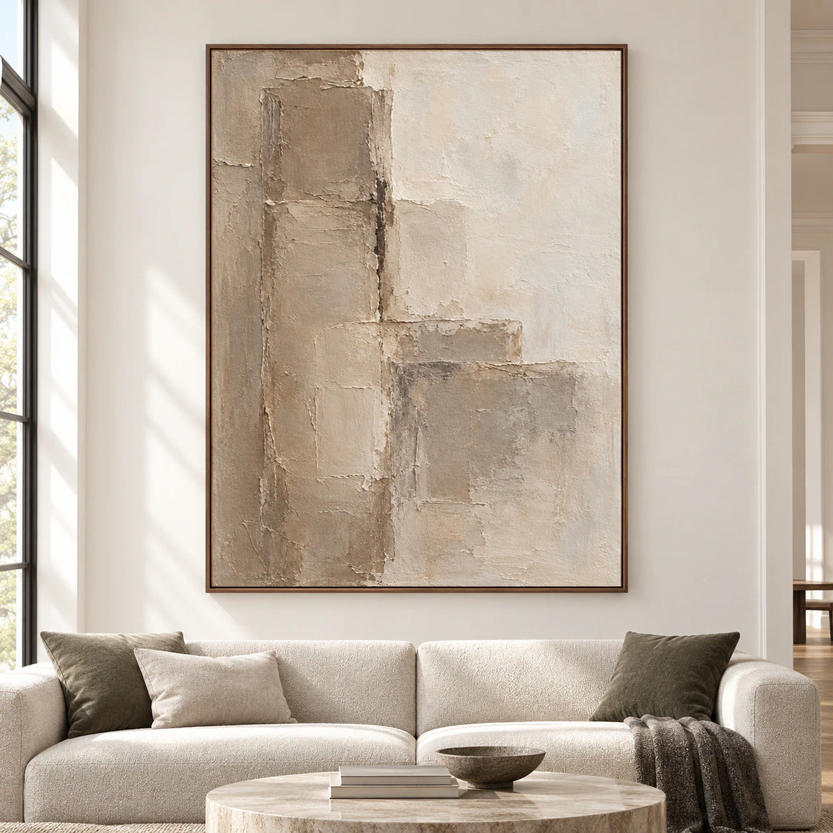 Straight-on view of Marl-Tablets displayed large in a bright, open living room, with the full vertical painting visible in natural daylight.