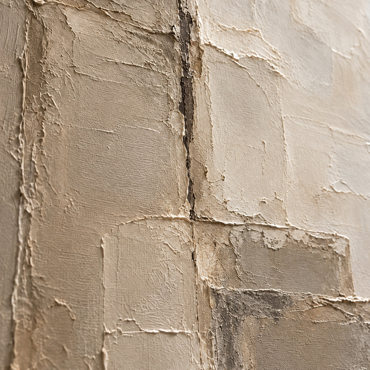 Oblique close-up of Marl-Tablets showing sand, taupe and chalk paint, raised ridges and weathered rectangular edges under grazing light.