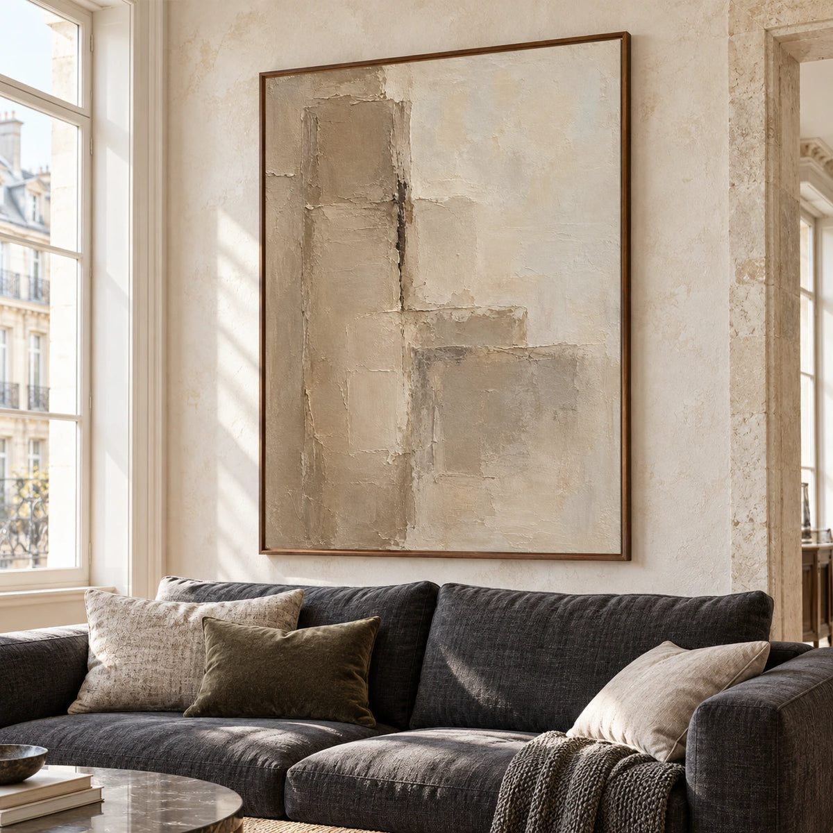 Marl-Tablets above a charcoal linen sofa in a bright living room with pale stone walls and large windows, viewed from the left at seated eye level.