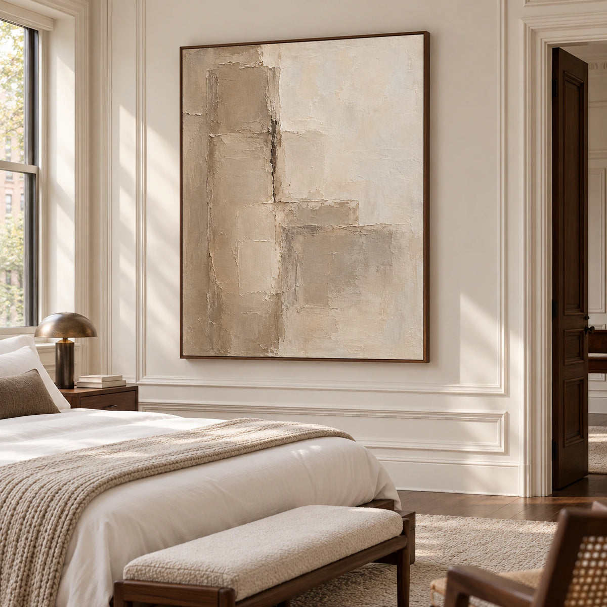 Marl-Tablets beside a low walnut bed with crisp white bedding in a bright bedroom, viewed from a slight left angle at low camera height.
