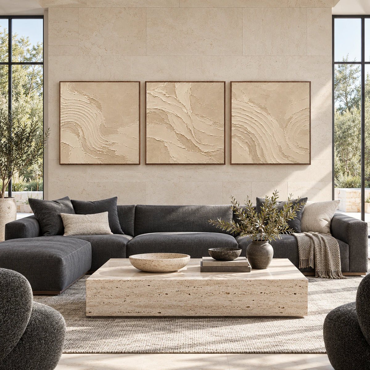 Large straight-on room view with the Marl-Torrent triptych displayed as three square walnut-framed canvases.